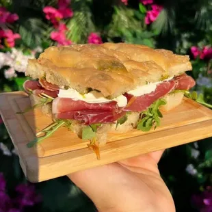 Prosciutto, mozzarella and basil pesto on Focaccia.