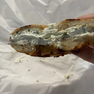 Asiago bagel with chive cream cheese toasted