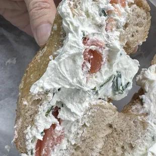 Salt bagel with chive cream cheese and lox