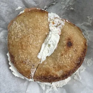 Salt bagel with chive cream cheese and lox