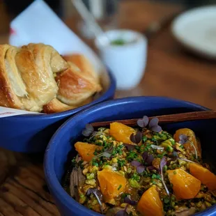 Chicken liver mousse with mandarin jam and pistachio croissants.