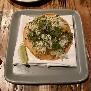 Dungeness Crab Tostada, Finger Lime, Kiwi