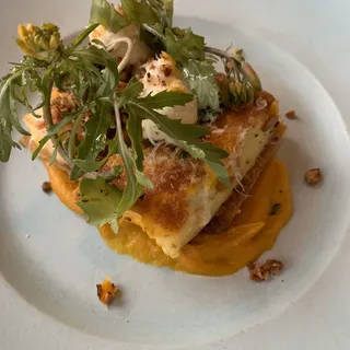 Pumpkin Agnolottien Brodo, Brussels Sprouts, Black Trumpet