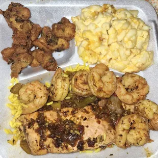 Jerk Salmon and Shrimp Fried Okra Mac n Cheese