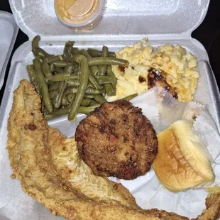 Fried Fish Crab Cake String Beans  Mac N Cheese