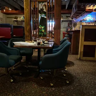 a table with chairs and a clock