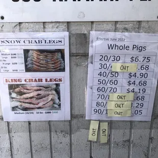 Prices for Crab legs and whole pigs as of *6/16/22