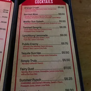 a menu for cocktails