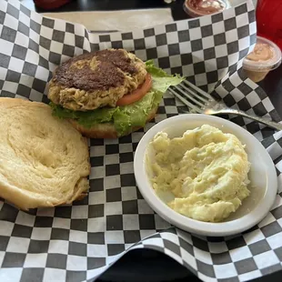 Great crab cake sandwich and potato salad.
