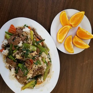 Mongolian beef and fresh fruit for dessert!