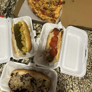 Spicy Slice Pizza, Pizza Dog, NY Dog, and Chicago Dog