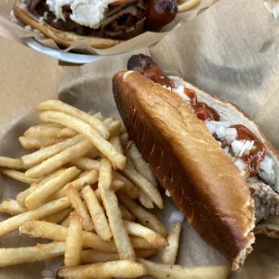 Yummy gyro brat and curry brat with fries