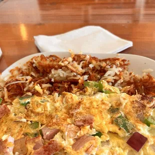 First plate. Looked good but hash browns cold and off tasting. Omelette decent.