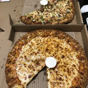 Sesame stuffed crust cheese pizza, pesto chicken pizza