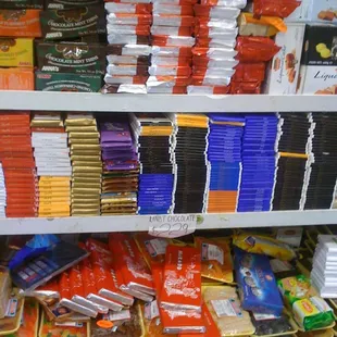a variety of snacks on a shelf