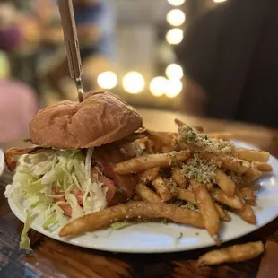 Garlic Bacon Burger with Garlic Parmesan Fries