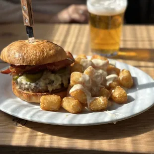 House Burger with cheesy tater tots