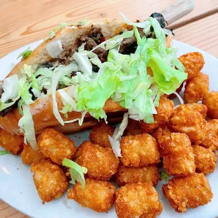 Cheesesteak Sandwich and tater tots