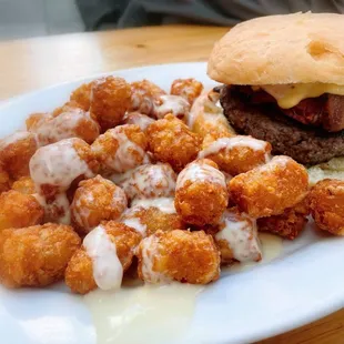 House Burger and crunchy tater tots.