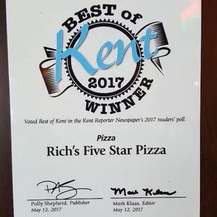 Thank you for voting Rich&apos;s 5 Star Pizza Best Pizza again in 2017!