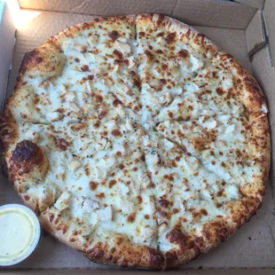 Large creamy garlic pizza with chicken breast topping. Mmmmmmmm