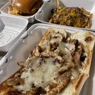 Cheeseburger, Chicken Philly, and Chili Cheddar Fries