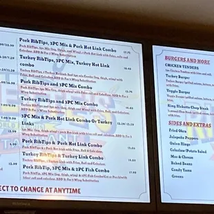 Menu prices and  options