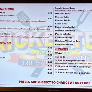 Menu prices and options