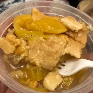 Disappointed with peach cobbler. Tasted very bland and peaches tasted straight out of a can. Still giving 3.5 because chicken was good