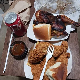 4 piece dark chicken with fries and a roll and drink sauce on side. Smoked half bbq chicken I took to lunch for work the next day.