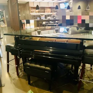 a piano and stools