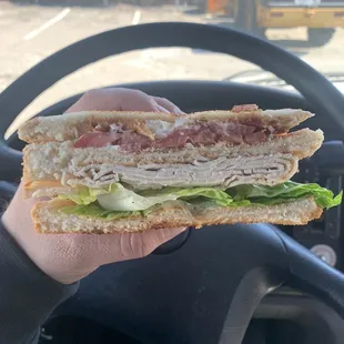 Turkey club with toasted bread hot off the griddle