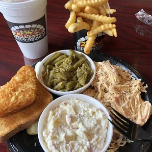 Pulled Chicken Plate, Green Beans, Baked Potato Salad, Haha Brown, Toast, Pickle, Side of Fries, and Drink