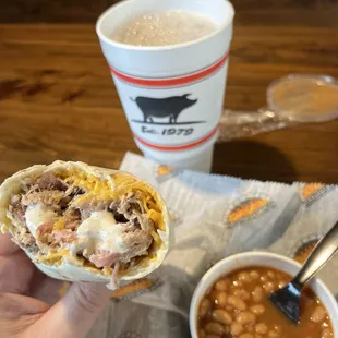 Bama pork wrap, beans and sweet tea