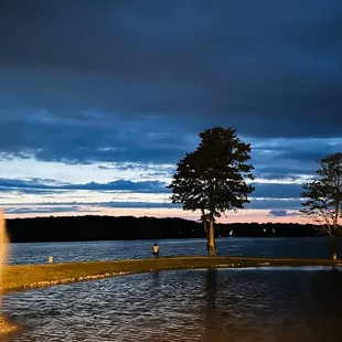 a fountain at dusk