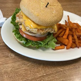 Double chicken sandwich with the works and a side of sweet potato fries (my own sandwich)