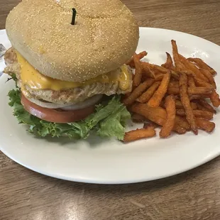 Double chicken sandwich with sweet potato fries(my own sandwich) try it lol