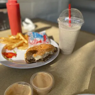 Plain cheeseburger, fries well, Oreo shake &amp; extra sides of thousand island.