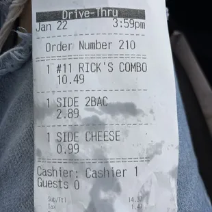 Receipt of $16 combo.