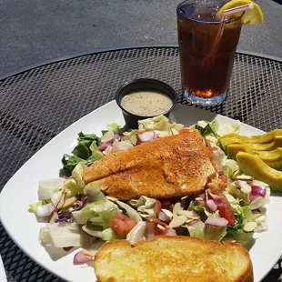 a plate of food and a drink