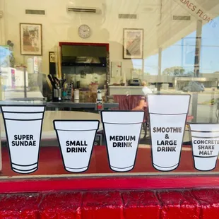 Size reference chart for sundaes, drinks, smoothies, and concretes, shakes, and malts
