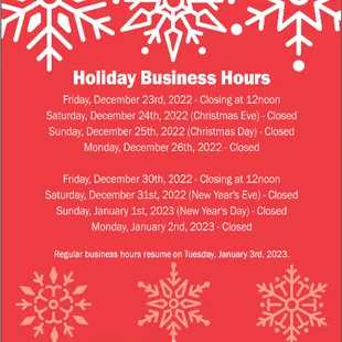 Holiday Hours!
Merry Christmas!