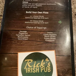 the menu for rick's irish pub