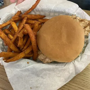 Grilled chicken sandwich and sweet potato fries