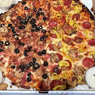 Half and half 3 topping pizza, no extra charge to split toppings among half&apos;s . Garlic cream cheese and ranch also