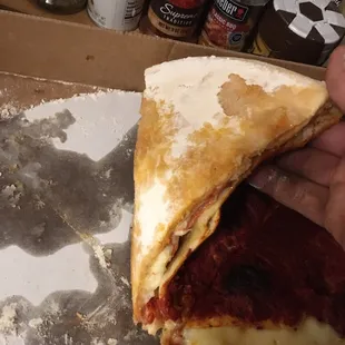 a hand holding a piece of pizza