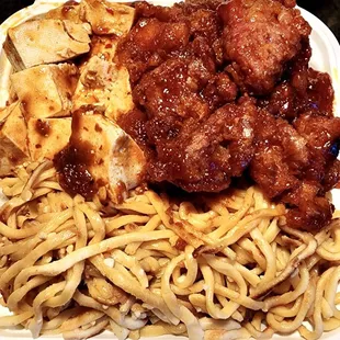 Garlic noodles, Mapo tofu and pork chops