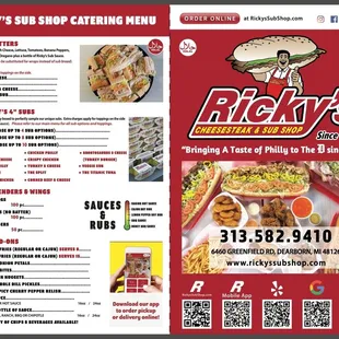 Ricky's Sub Shop Catering Menu. To see current prices please refer to our online ordering link directly on our website