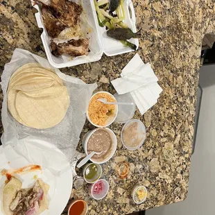 a variety of food items on a table