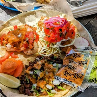 Delicious tacos -- Camarones, Pescado, Carne asada (not my favourite as I asked for Pollo Asado)